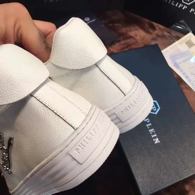 Philipp Plein Branco Prata Couro Superior Empilhado Loops de Cadarço Metálico Sneakers Lifestyle 4