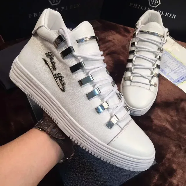 Philipp Plein Branco Prata Couro Superior Empilhado Loops de Cadarço Metálico Sneakers Lifestyle 5