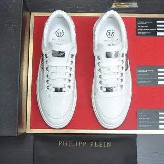 Philipp Plein White Silver Textured Leather Metallic Hardware Accents Lifestyle Sneakers