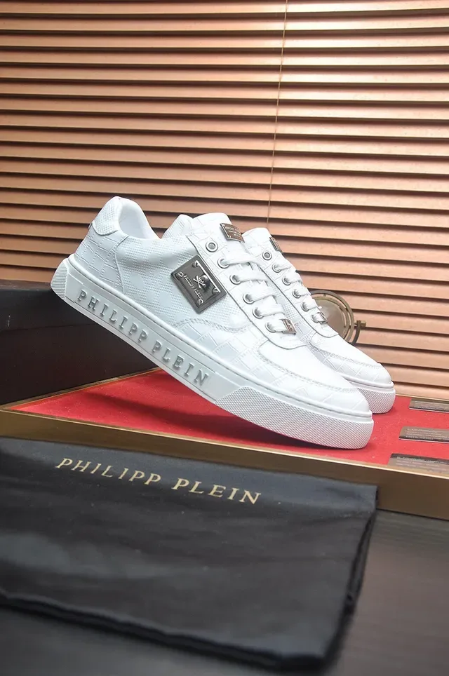 Philipp Plein أبيض فضي جلد منسوج ملحقات أدوات معدنية أحذية أسلوب حياة 2