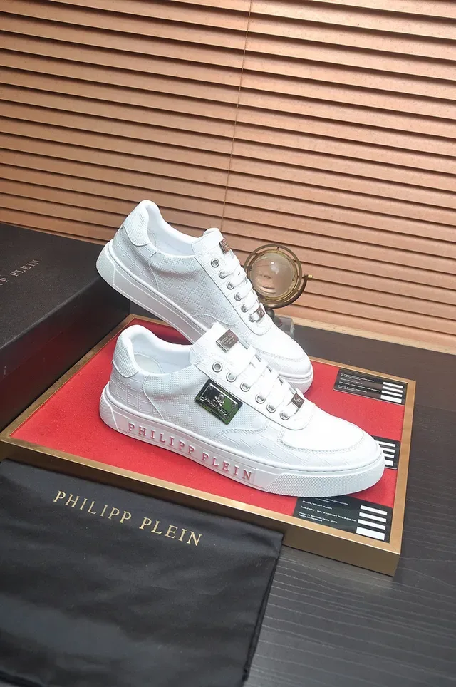 Philipp Plein أبيض فضي جلد منسوج ملحقات أدوات معدنية أحذية أسلوب حياة 5