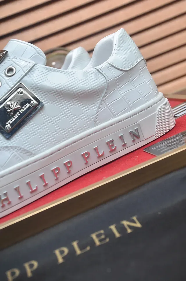 Philipp Plein أبيض فضي جلد منسوج ملحقات أدوات معدنية أحذية أسلوب حياة 8