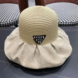 Prada Beige Black Woven Straw Crown Gathered Fabric Brim Bucket Hat
