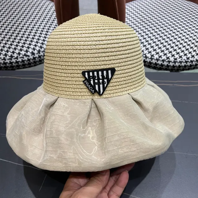 Prada Bege Preto Chapéu de Palha Trançado Coroa Tecido Recolhido Borda Chapéu de Balde 5