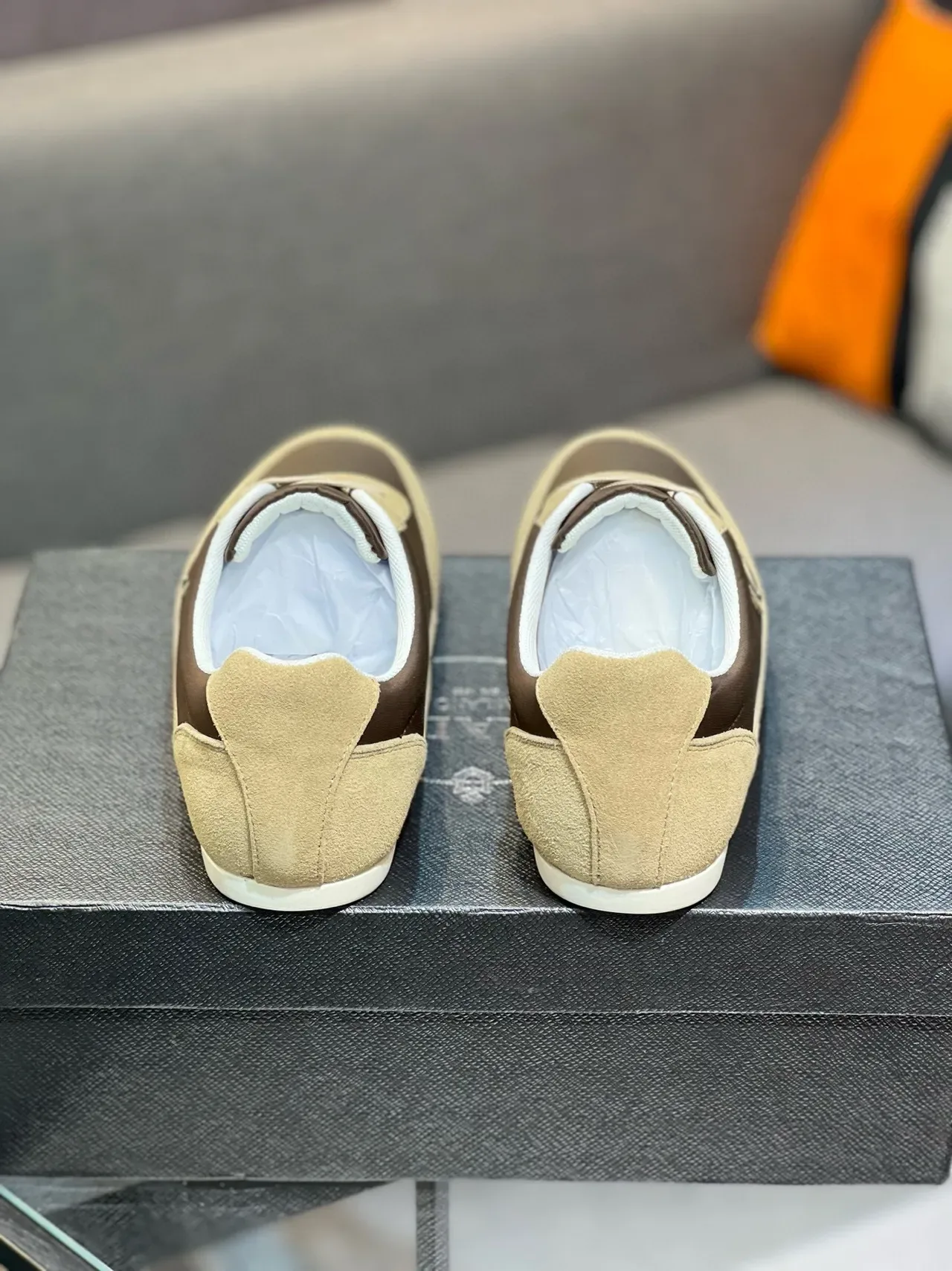 Prada Beige Brown Two-Tone Suede Triangular Metal Logo Lifestyle Sneakers 2