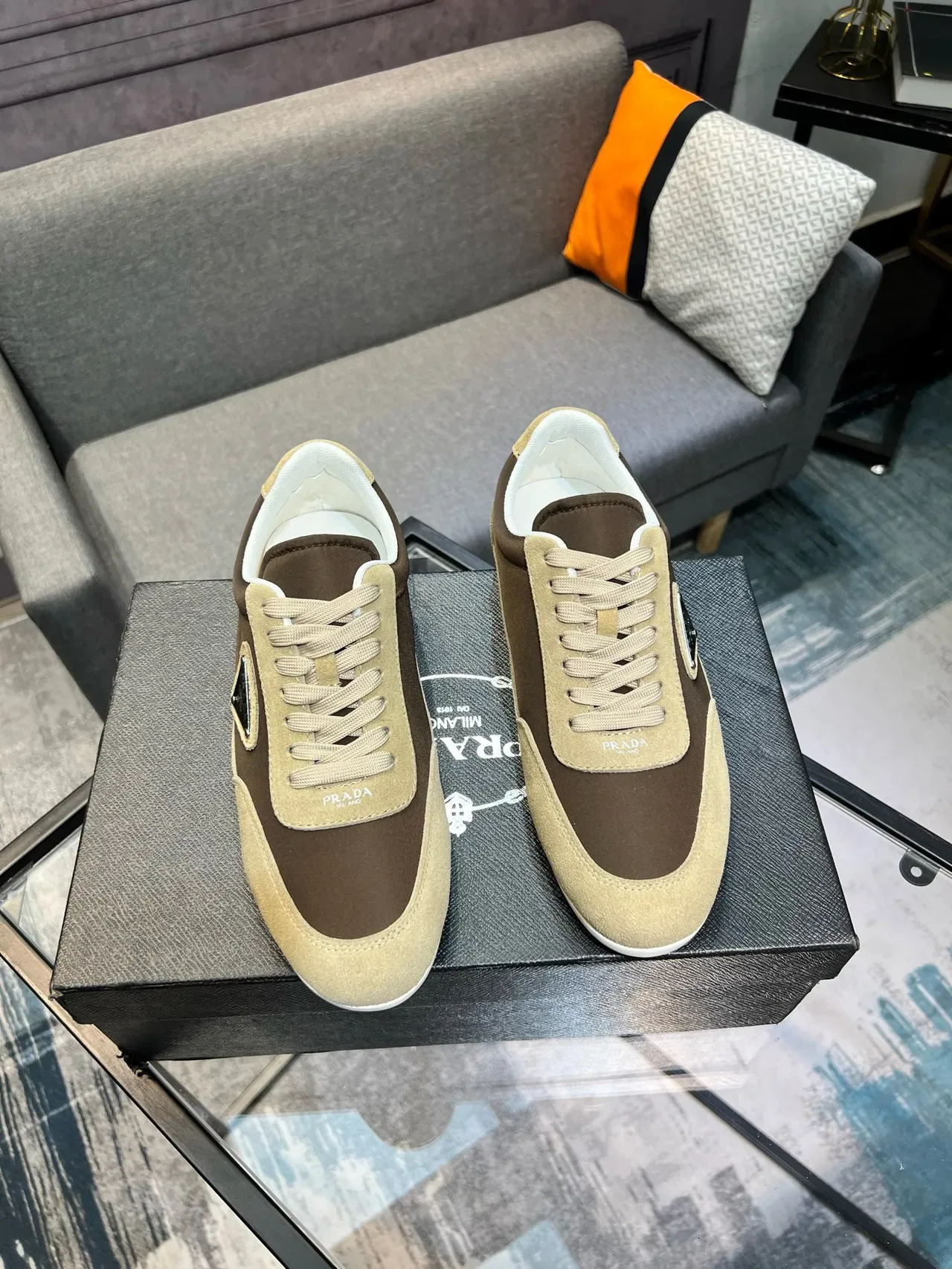 Prada Beige Brown Two-Tone Suede Triangular Metal Logo Lifestyle Sneakers 4
