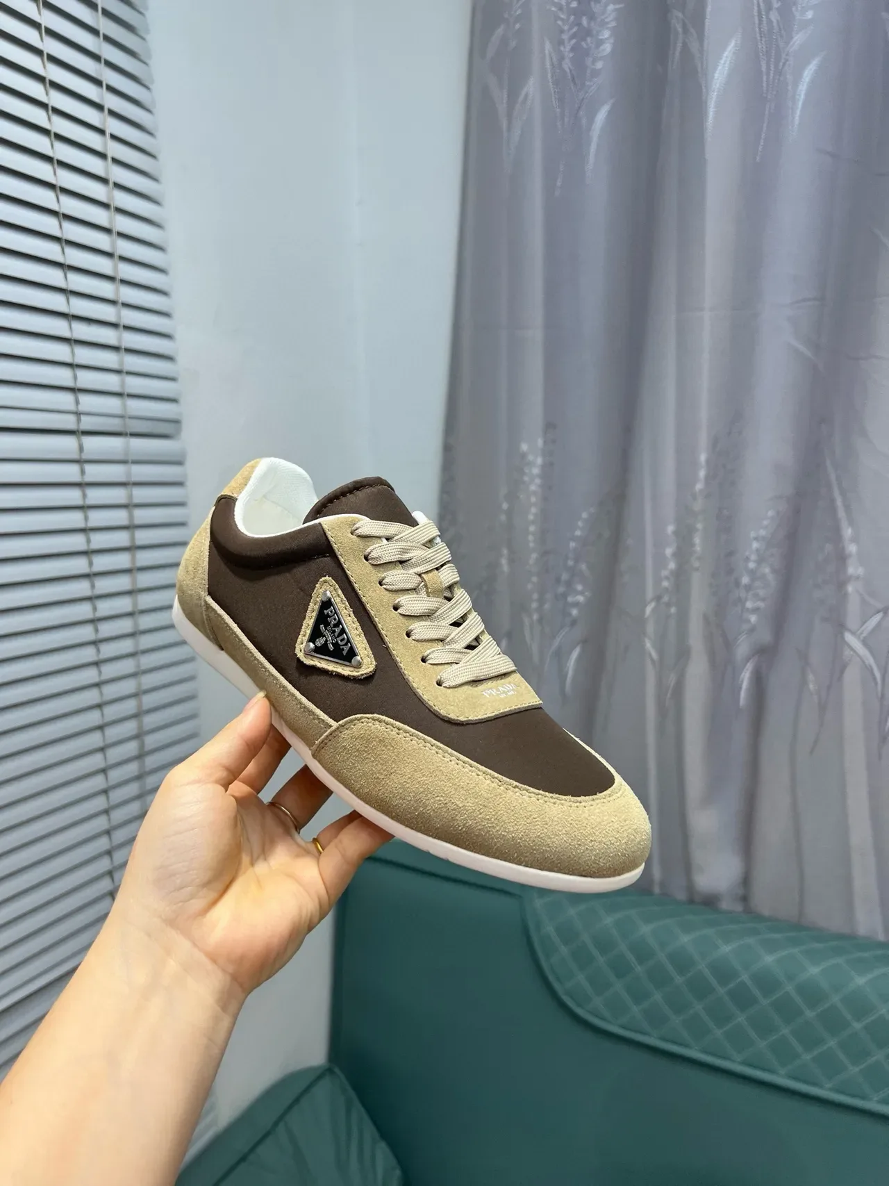 Prada Beige Brown Two-Tone Suede Triangular Metal Logo Lifestyle Sneakers 7