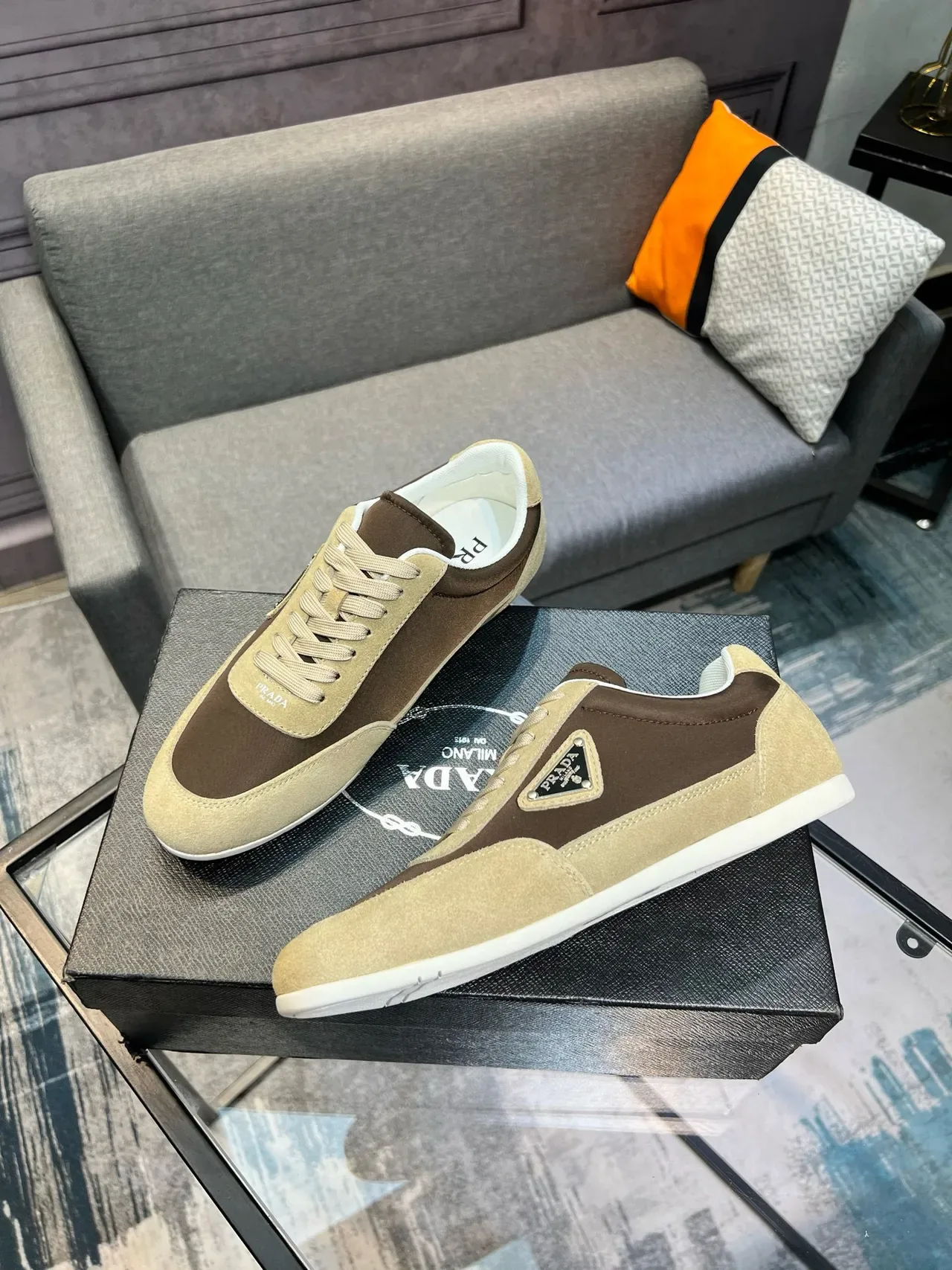 Prada Beige Brown Two-Tone Suede Triangular Metal Logo Lifestyle Sneakers 9