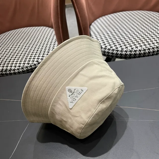 Prada Beige Structured Crown Wide Stitched Brim Bucket Hat 11