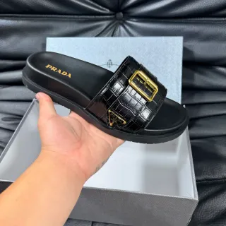Prada Black Gold Crocodile-Embossed Leather Buckle Slippers
