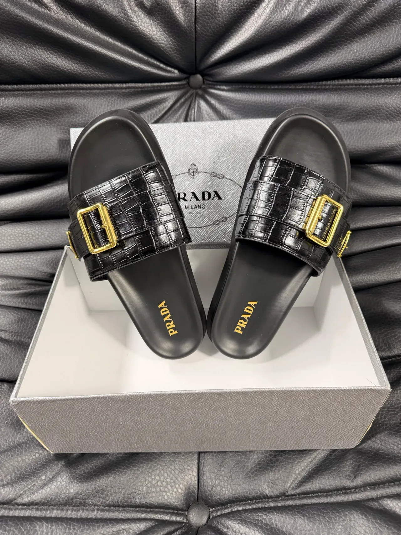 Prada Black Gold Crocodile-Embossed Leather Buckle Slippers 3