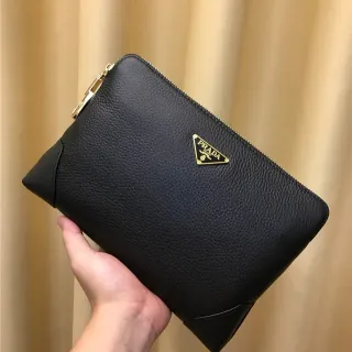 Prada Black Gold Pebbled Leather Triangular Logo Handbag