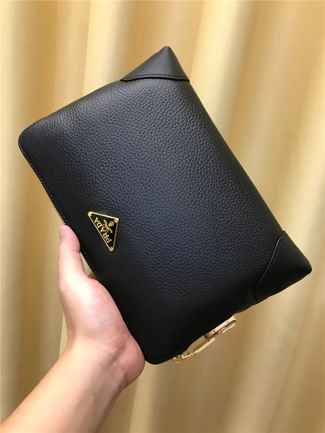 Prada Black Gold Pebbled Leather Triangular Logo Handbag 9