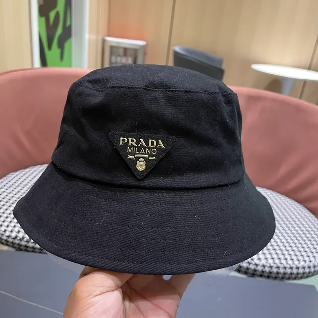 Prada Black Gold Structured Crown Wide Brim Bucket Hat 3