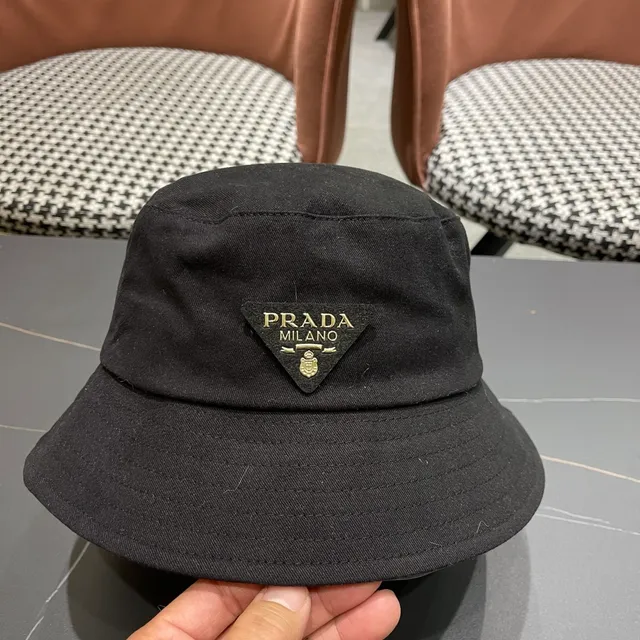 Prada Black Gold Structured Crown Wide Brim Bucket Hat 4