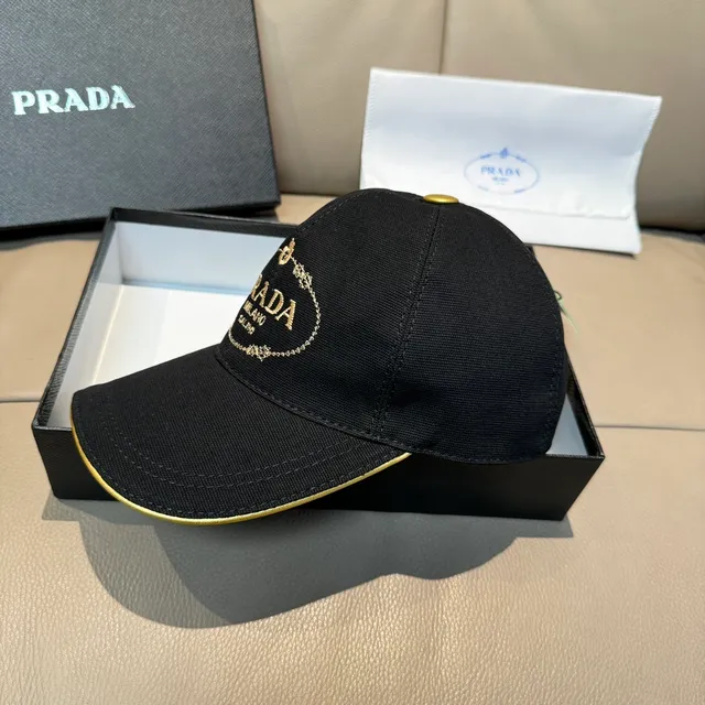Prada Black Gold Structured Six-Panel Embroidered Logo Baseball Cap 4
