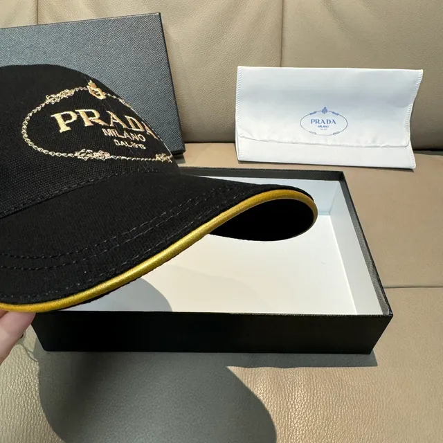Prada Black Gold Structured Six-Panel Embroidered Logo Baseball Cap 7