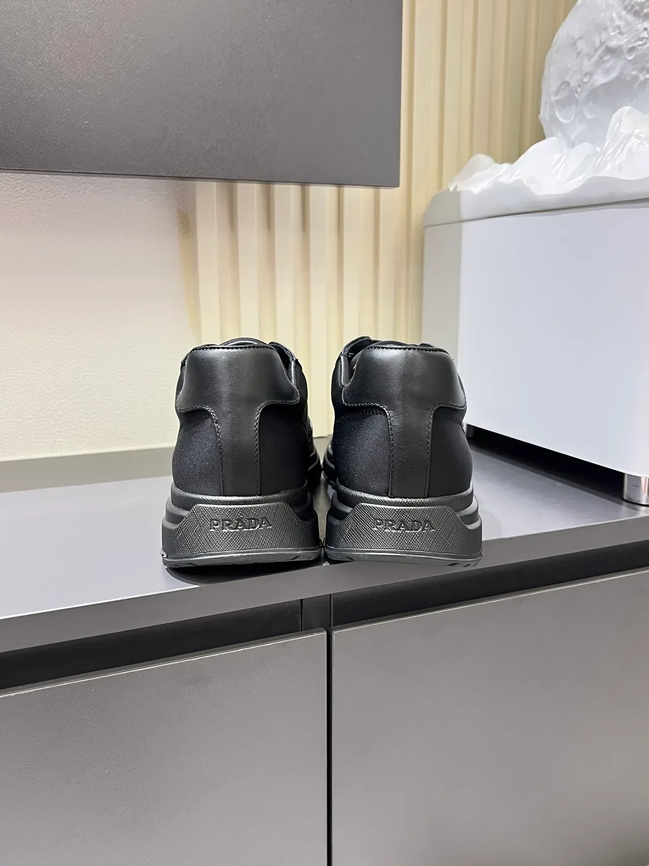Prada Black Gray Leather And Textile Upper Metallic Triangle Logo Plaque Lifestyle Sneakers 2
