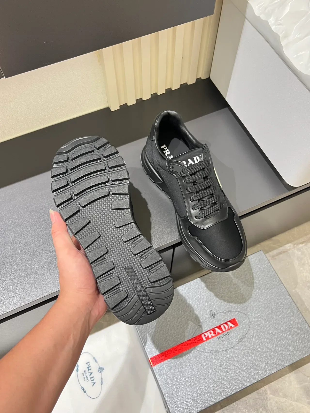 Prada Black Gray Leather And Textile Upper Metallic Triangle Logo Plaque Lifestyle Sneakers 3
