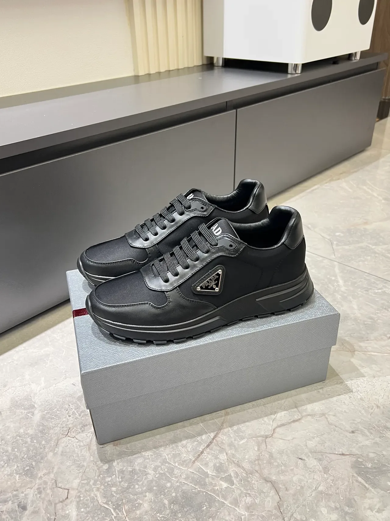 Prada Black Gray Leather And Textile Upper Metallic Triangle Logo Plaque Lifestyle Sneakers 4