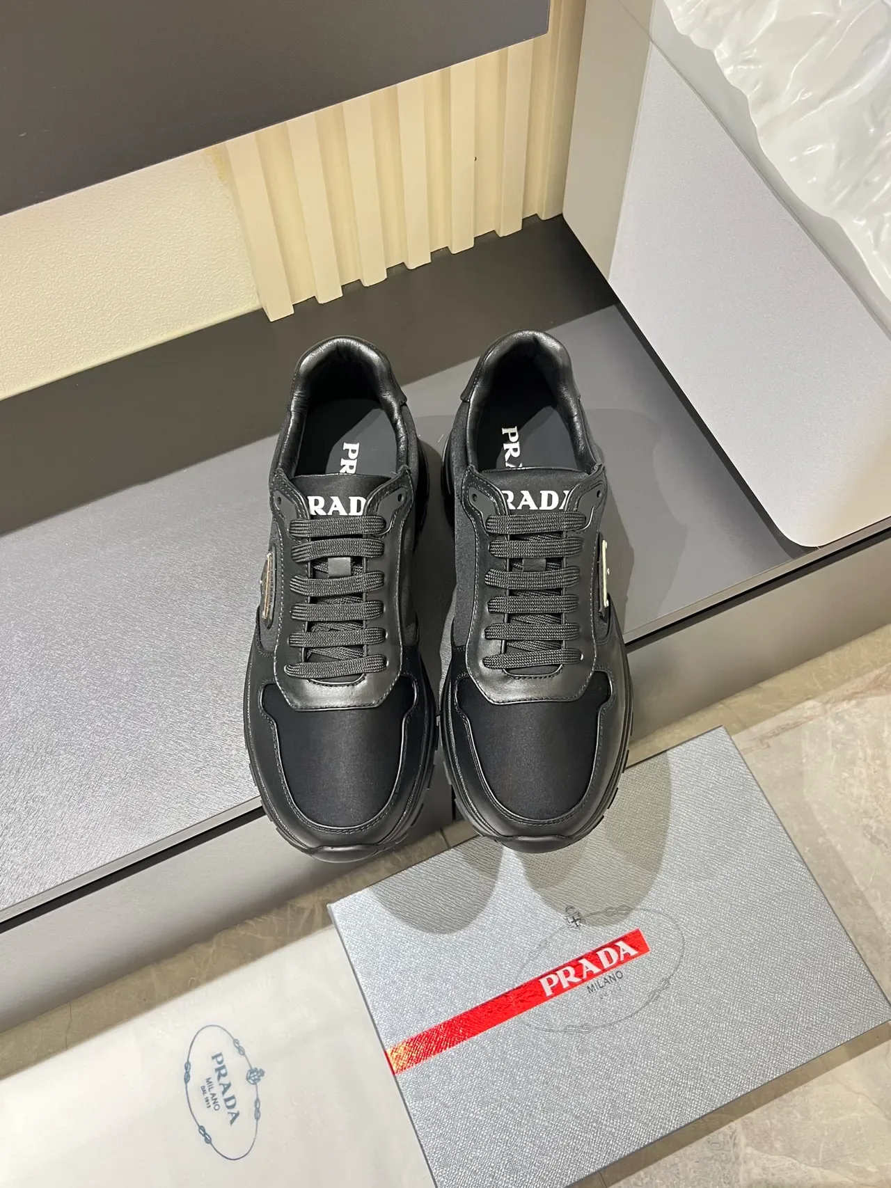 Prada Black Gray Leather And Textile Upper Metallic Triangle Logo Plaque Lifestyle Sneakers 5