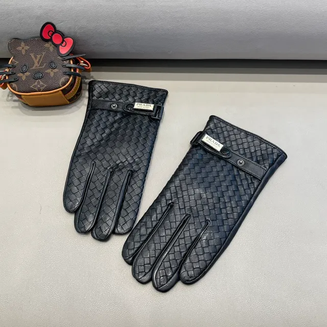Prada Luvas de Couro Preto Intrecciato Tecidas Fecho de Cinta Ajustável 2