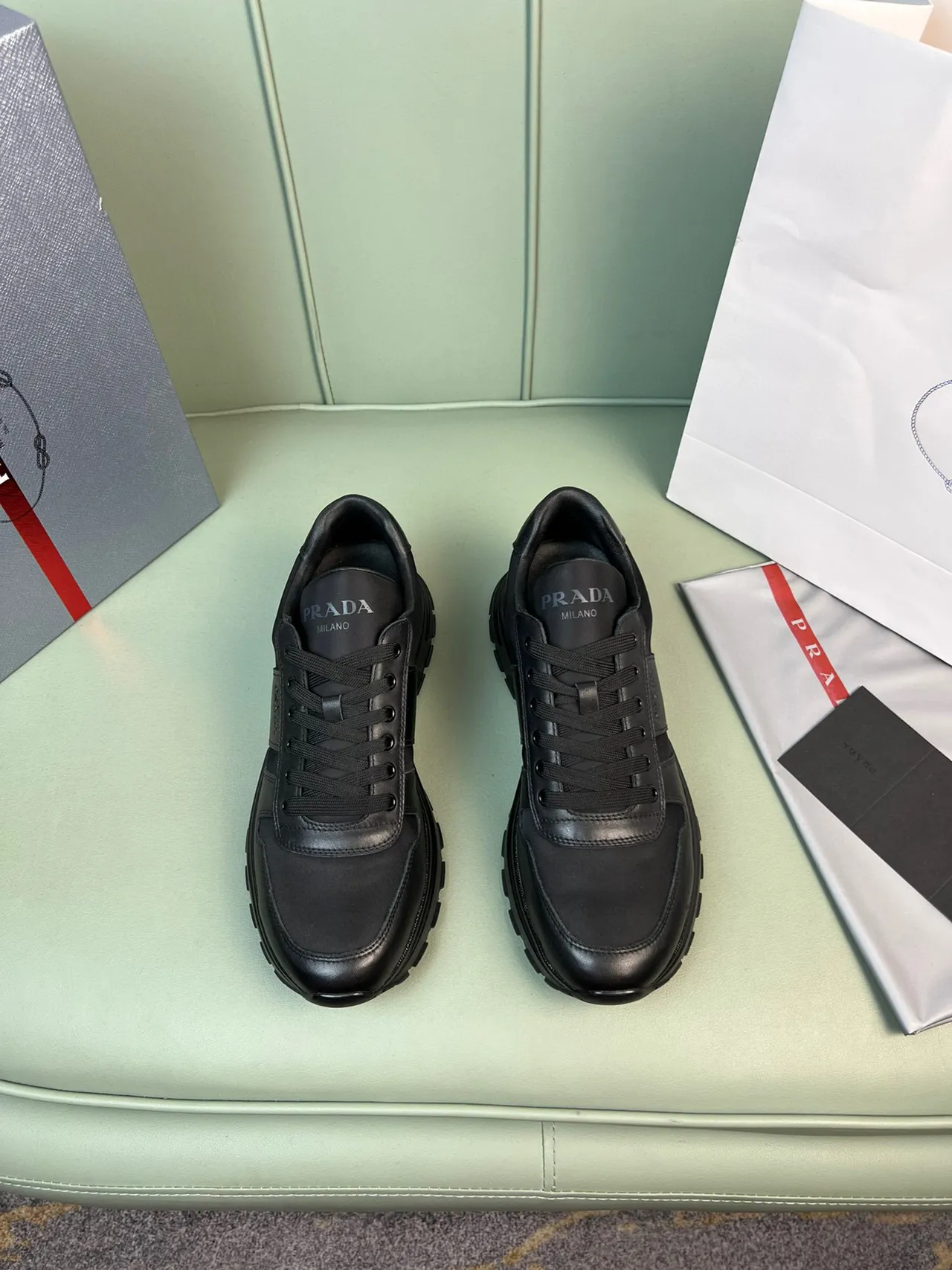 Prada Black Monochrome Leather-and-Synthetic Panelled Lifestyle Sneakers 7