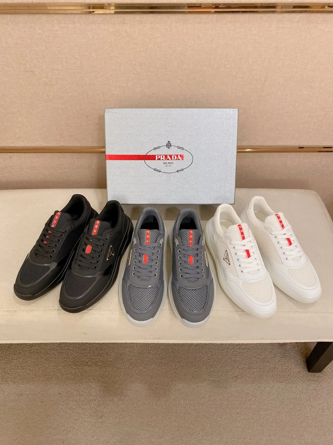 Prada Black Red Mesh And Synthetic Upper Triangular Metal Logo Lifestyle Sneakers 2