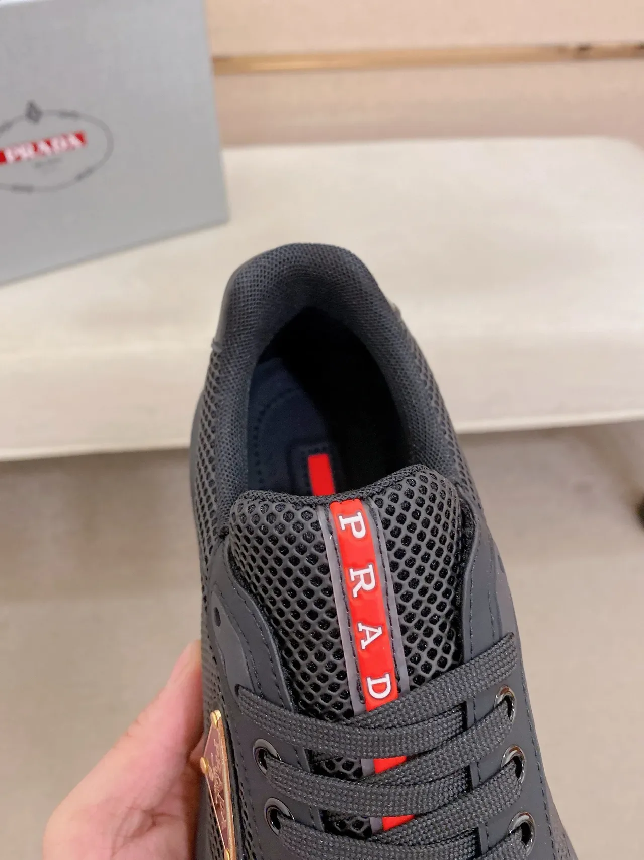 Prada Black Red Mesh And Synthetic Upper Triangular Metal Logo Lifestyle Sneakers 5