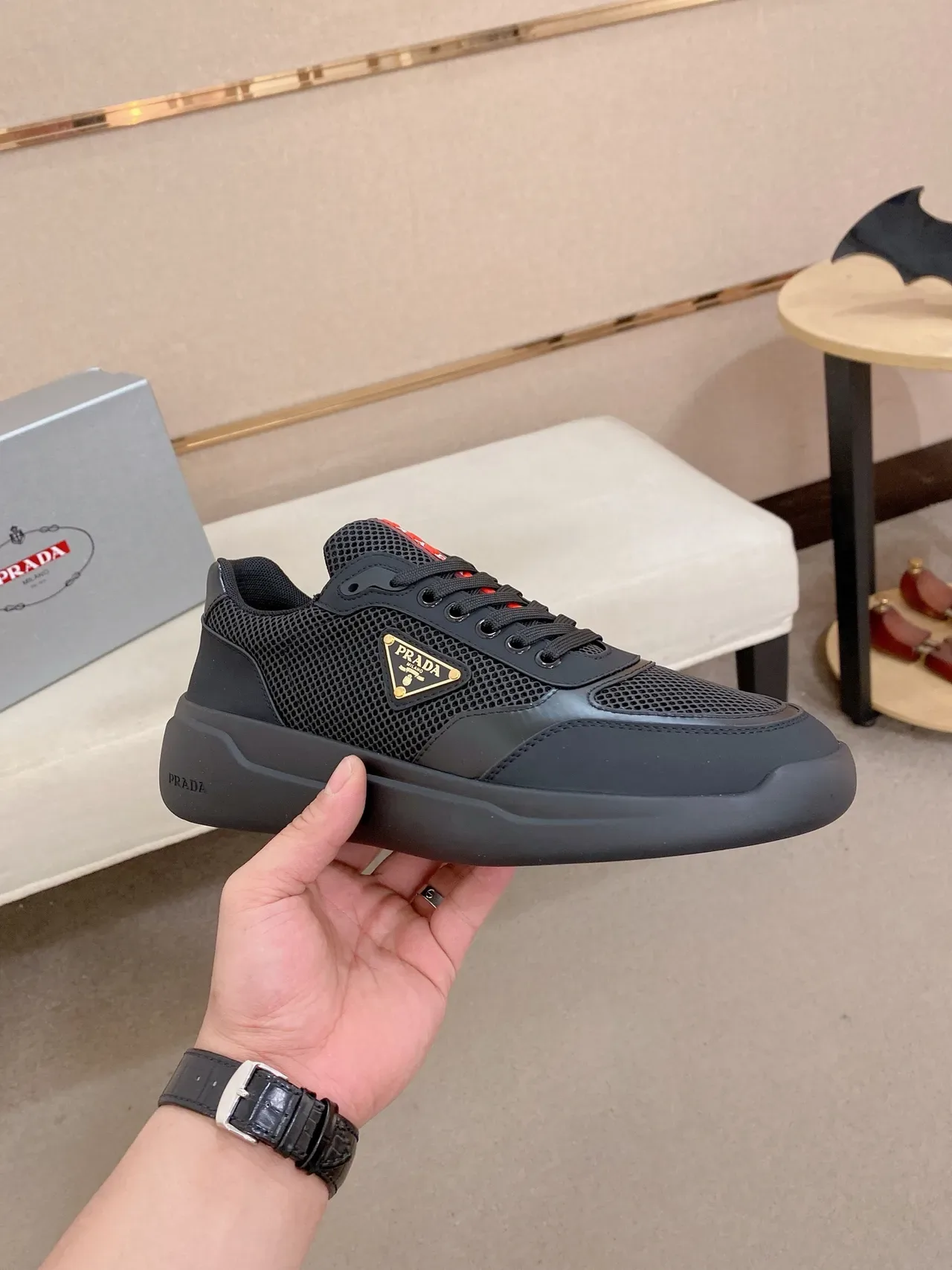 Prada Black Red Mesh And Synthetic Upper Triangular Metal Logo Lifestyle Sneakers 6