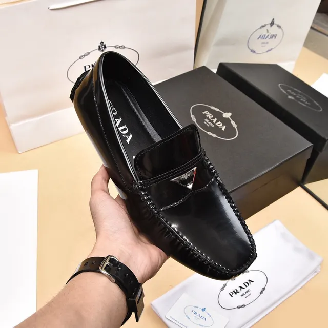 Prada Black Silver Glossy Patent Toe Cap Braided Side Trim Loafer 6