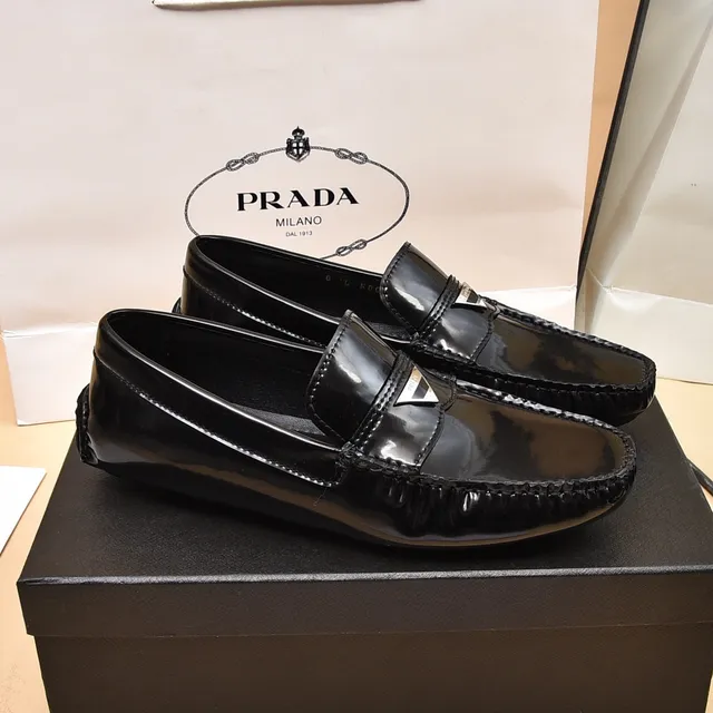 Prada Black Silver Glossy Patent Toe Cap Braided Side Trim Loafer 8