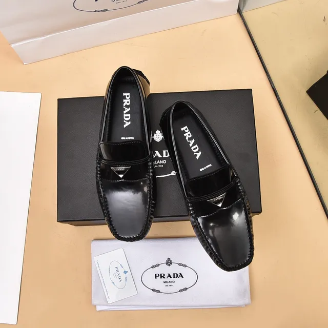 Prada Black Silver Glossy Patent Toe Cap Braided Side Trim Loafer 9