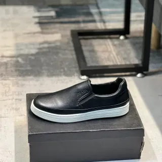 Prada Black White Leather Slip-On Embossed Logo Loafer