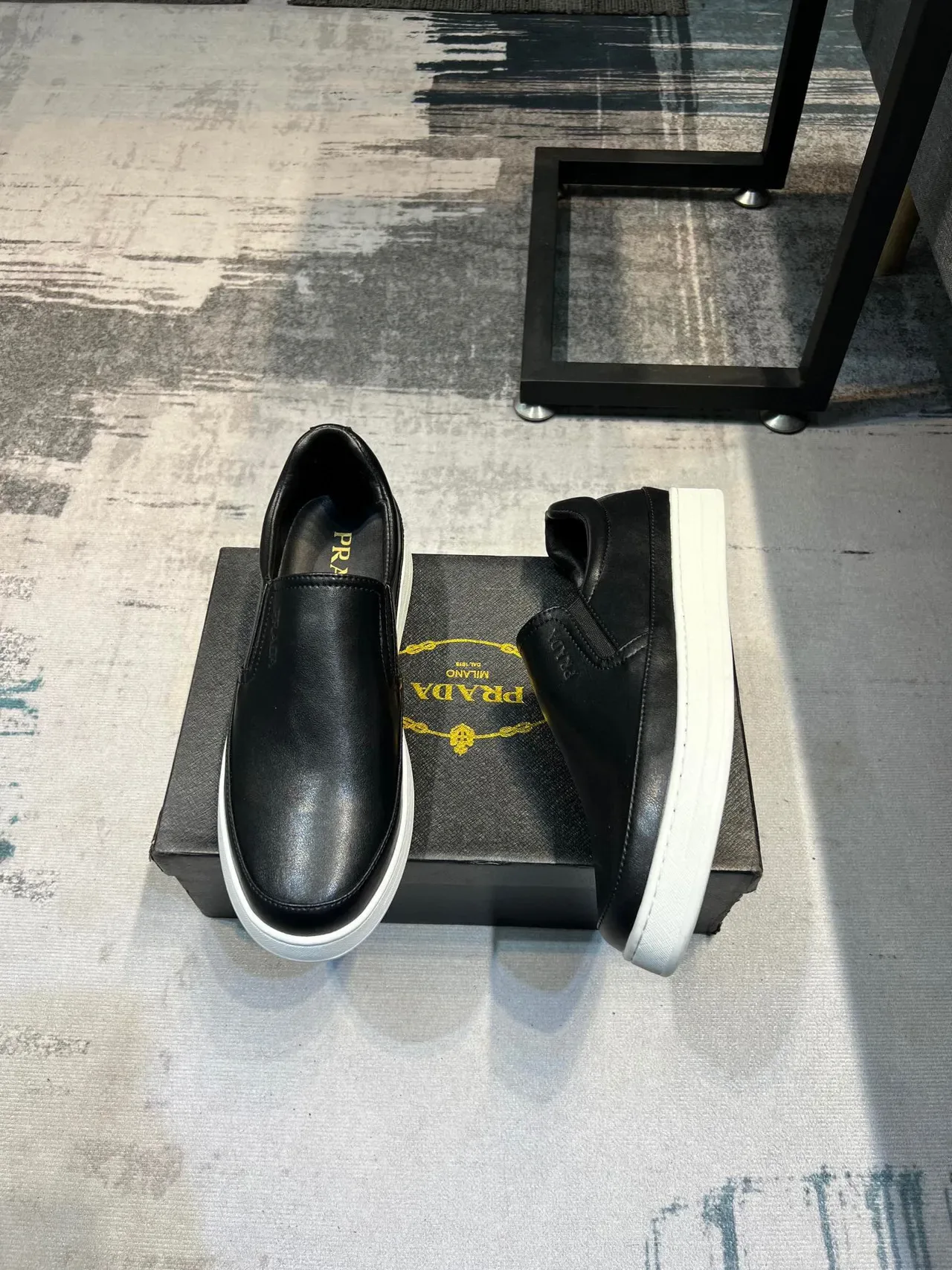 Prada Black White Leather Slip-On Embossed Logo Loafer 4