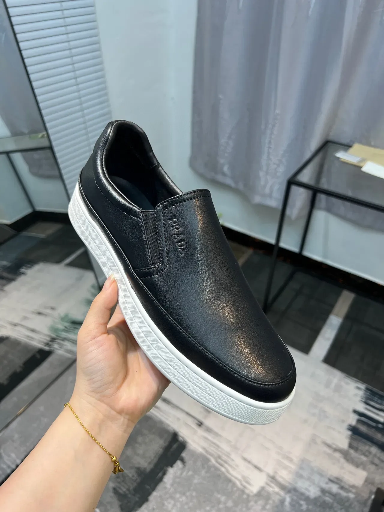 Prada Black White Leather Slip-On Embossed Logo Loafer 5