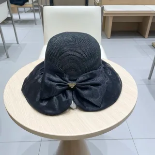 Prada Black Woven Straw-Like Crown Wide Floppy Brim Fedora