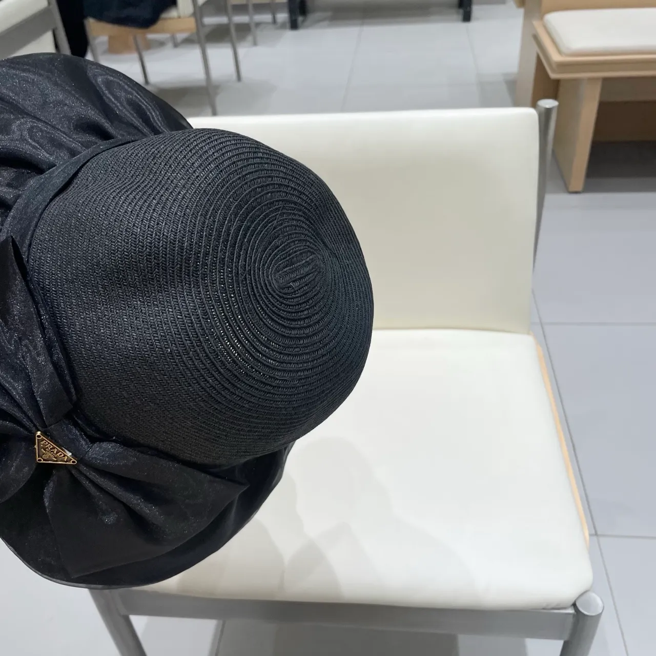 Prada Black Woven Straw-Like Crown Wide Floppy Brim Fedora 3
