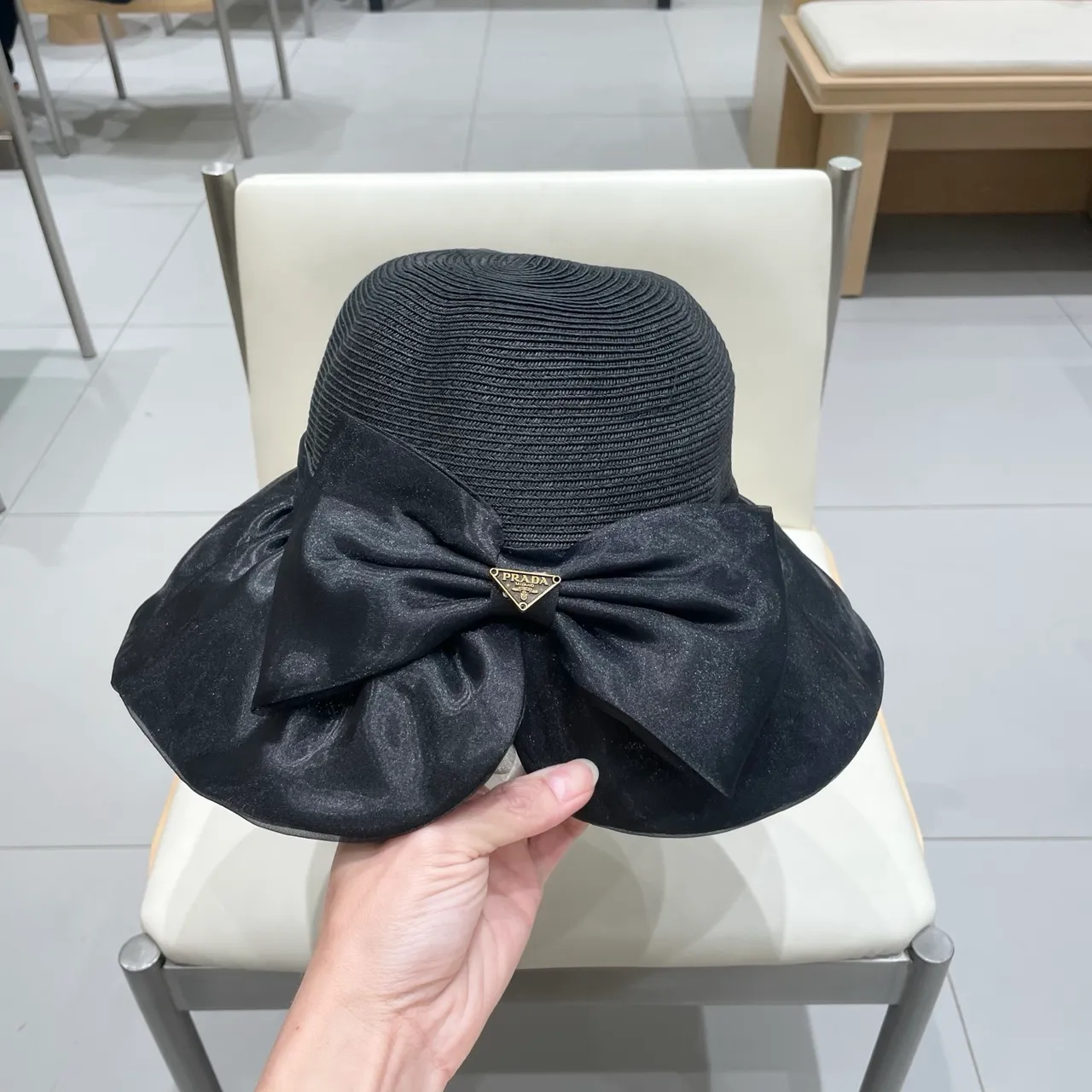 Prada Black Woven Straw-Like Crown Wide Floppy Brim Fedora 4