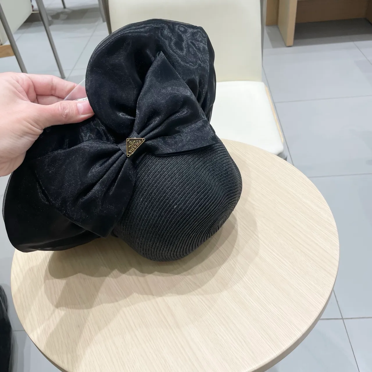 Prada Black Woven Straw-Like Crown Wide Floppy Brim Fedora 5