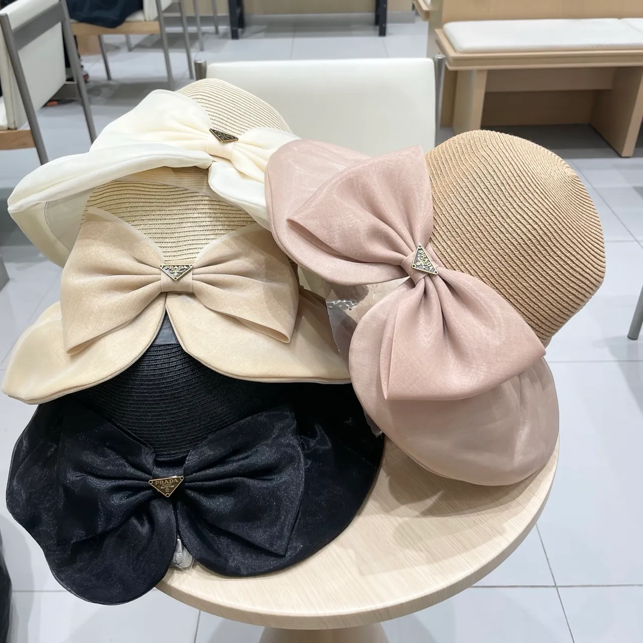 Prada Black Woven Straw-Like Crown Wide Floppy Brim Fedora 6
