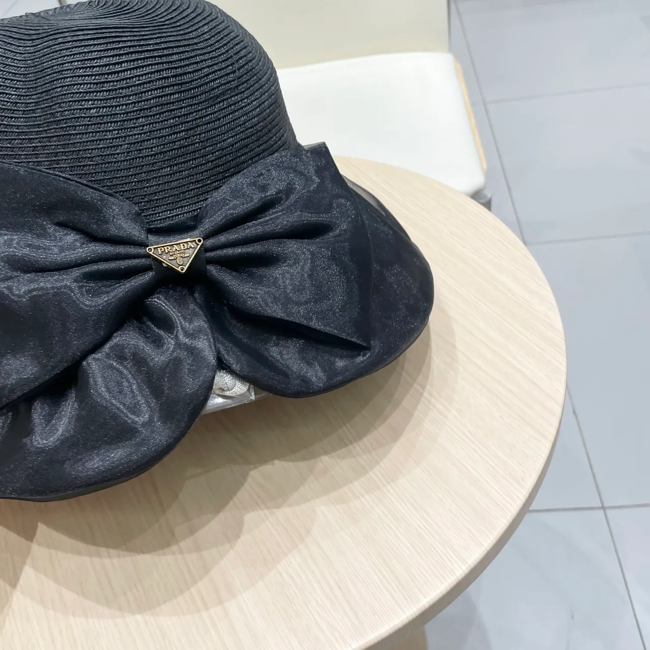 Prada Black Woven Straw-Like Crown Wide Floppy Brim Fedora 7