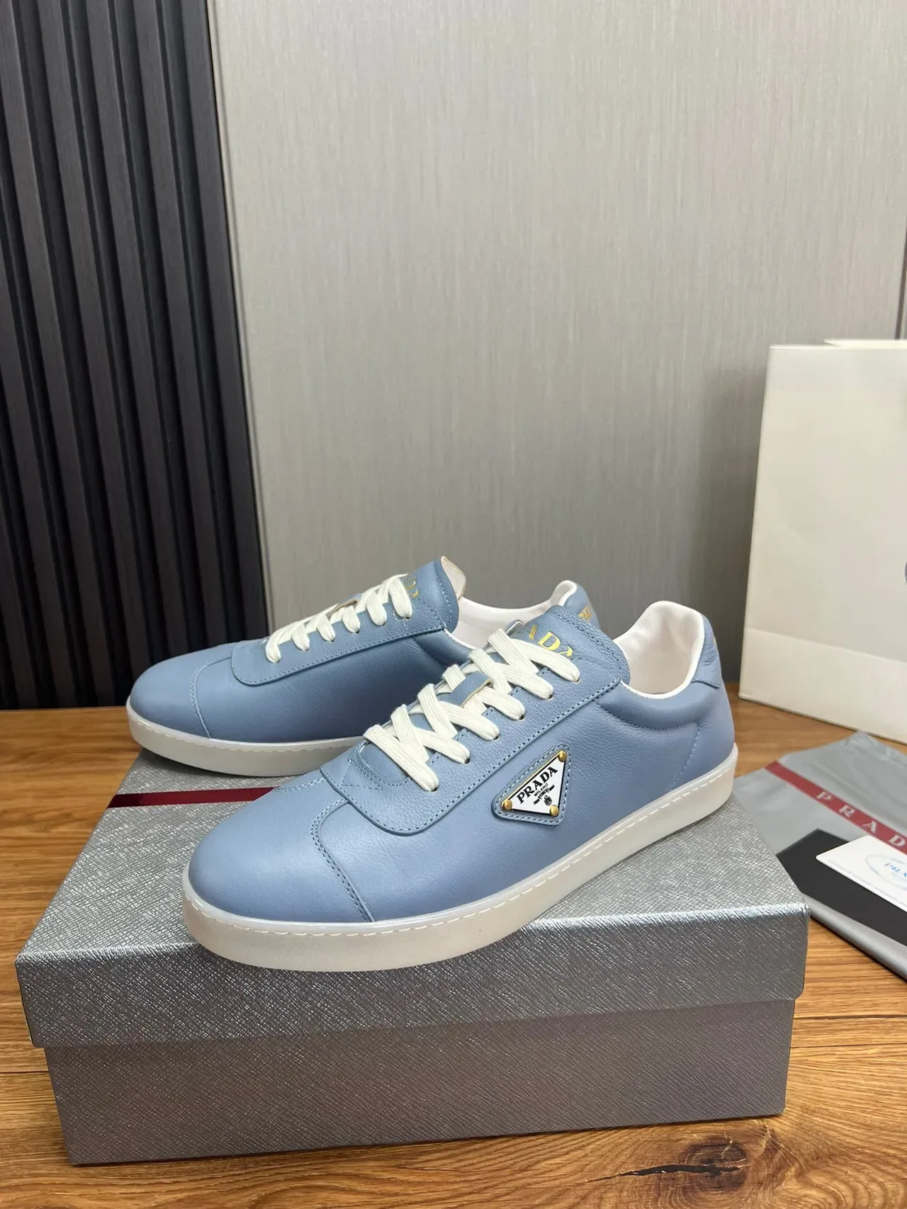 Prada Blue White Leather Upper Triangular Logo Plaque Lifestyle Sneakers 2
