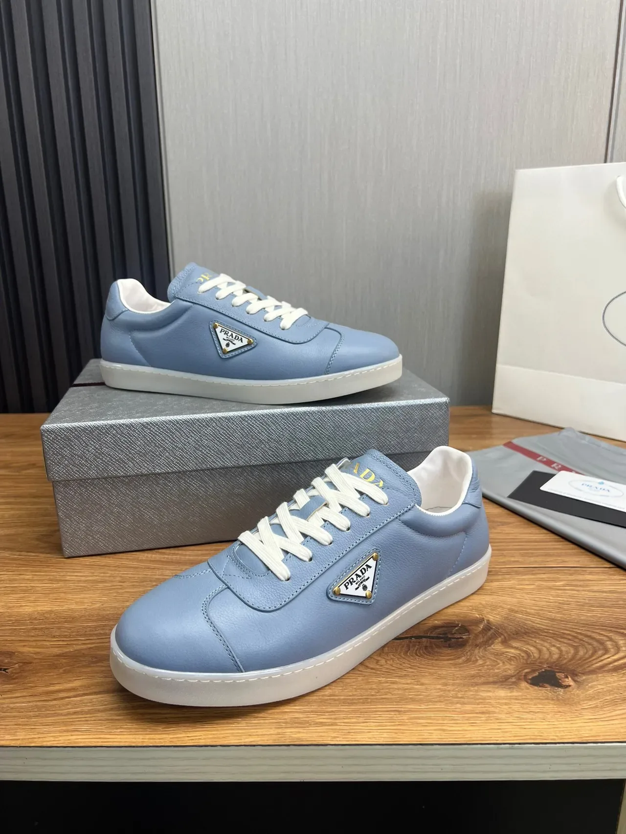 Prada Blue White Leather Upper Triangular Logo Plaque Lifestyle Sneakers 3