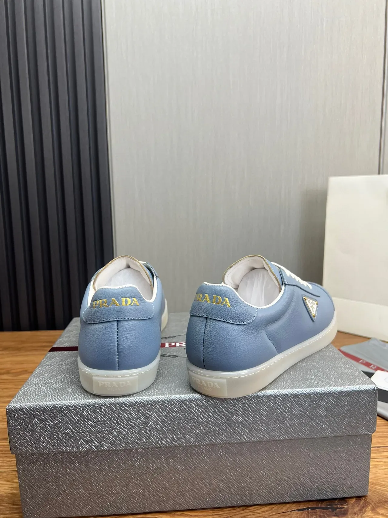 Prada Blue White Leather Upper Triangular Logo Plaque Lifestyle Sneakers 4