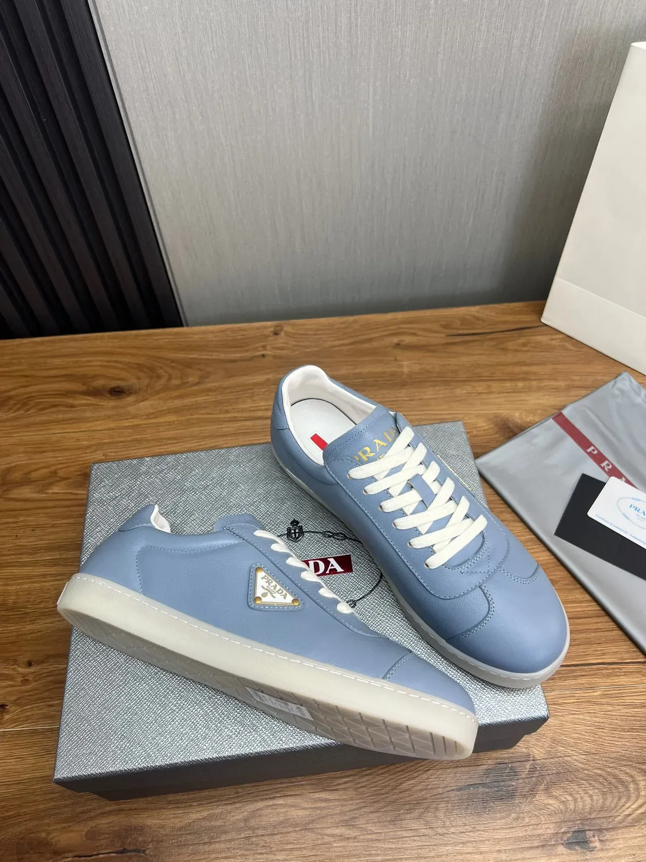 Prada Blue White Leather Upper Triangular Logo Plaque Lifestyle Sneakers 5