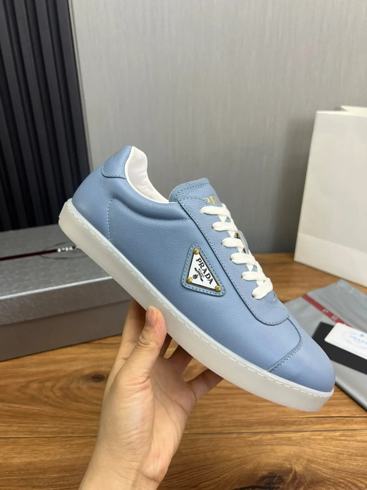 Prada Blue White Leather Upper Triangular Logo Plaque Lifestyle Sneakers 6