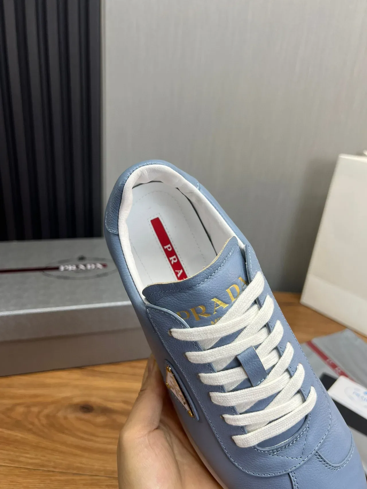 Prada Blue White Leather Upper Triangular Logo Plaque Lifestyle Sneakers 7