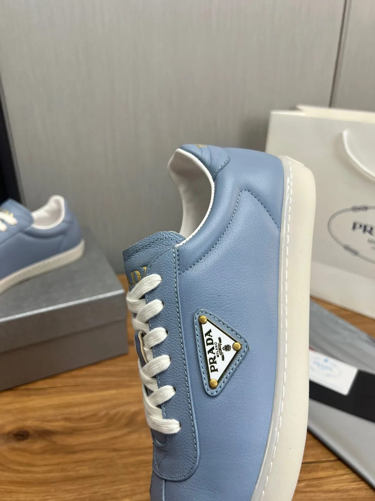 Prada Blue White Leather Upper Triangular Logo Plaque Lifestyle Sneakers 8
