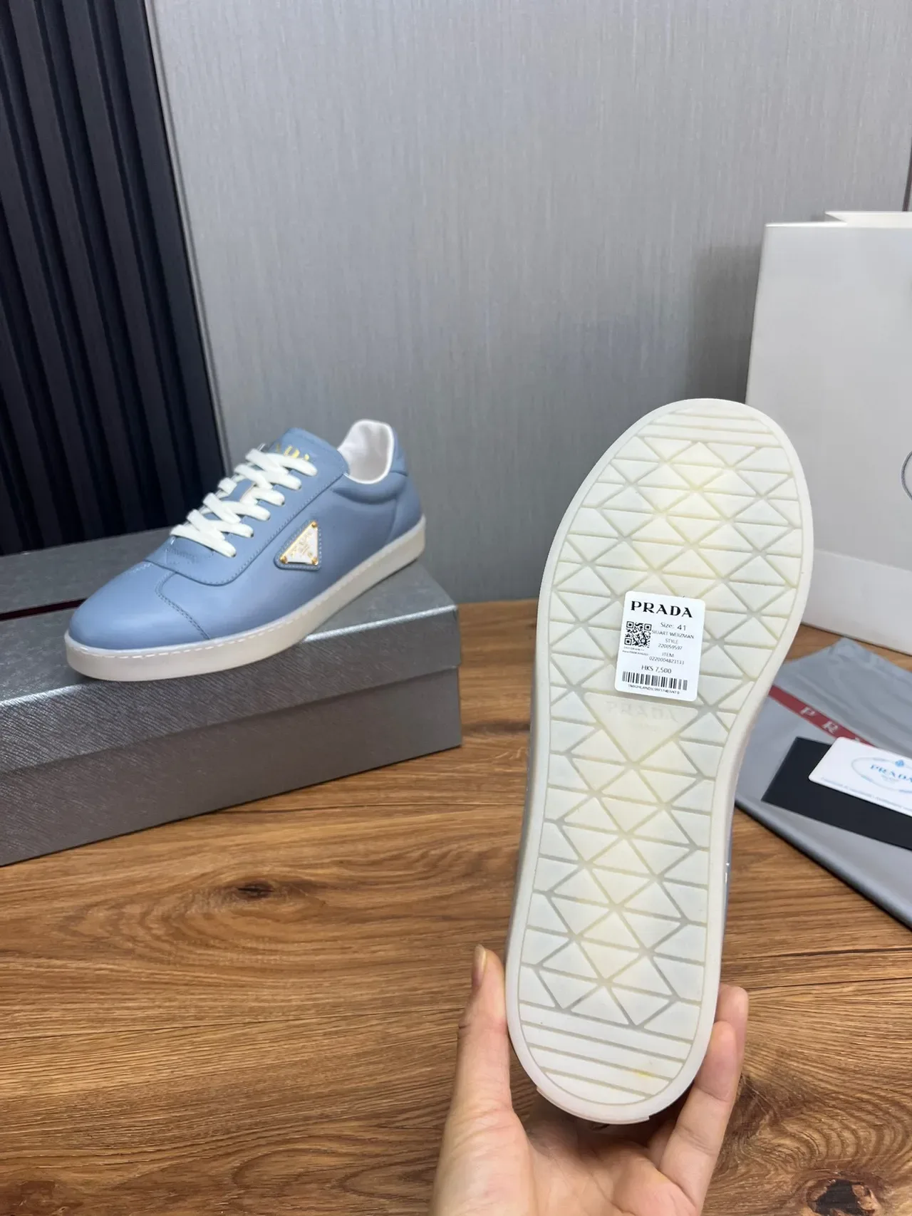 Prada Blue White Leather Upper Triangular Logo Plaque Lifestyle Sneakers 9